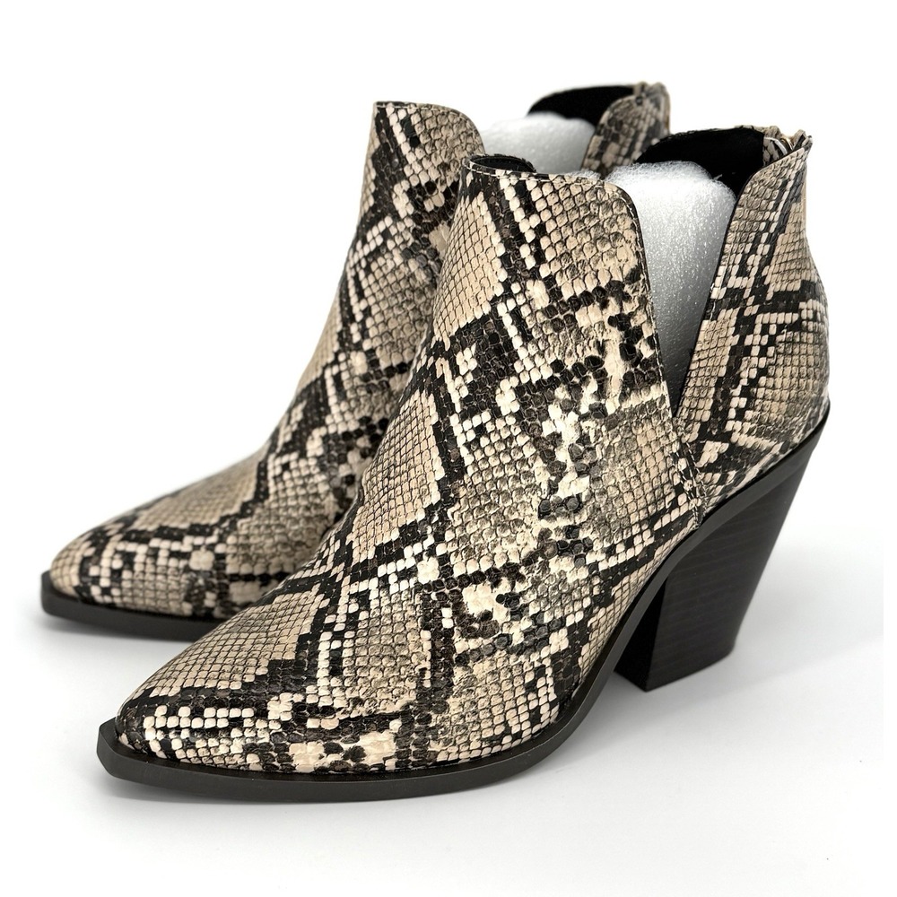 Bamboo UPSTREAM-13 Womens 5.5 Beige Snake Chunky Heel Slip On Cutout Booties